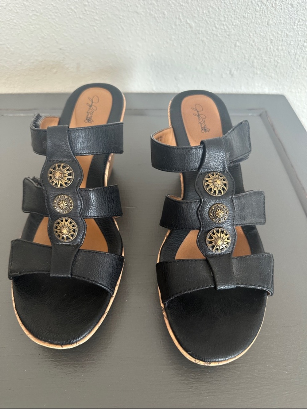 Jaclyn Smith Black Leather Triple-Strap Sandals with Sunburst Accents